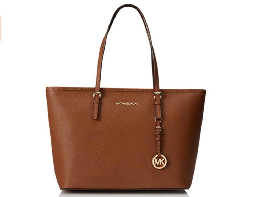 MICHAEL KORS MK Travel Tote Bag Brown Luggage Saffiano Leather Gold 38H8GTVT9L